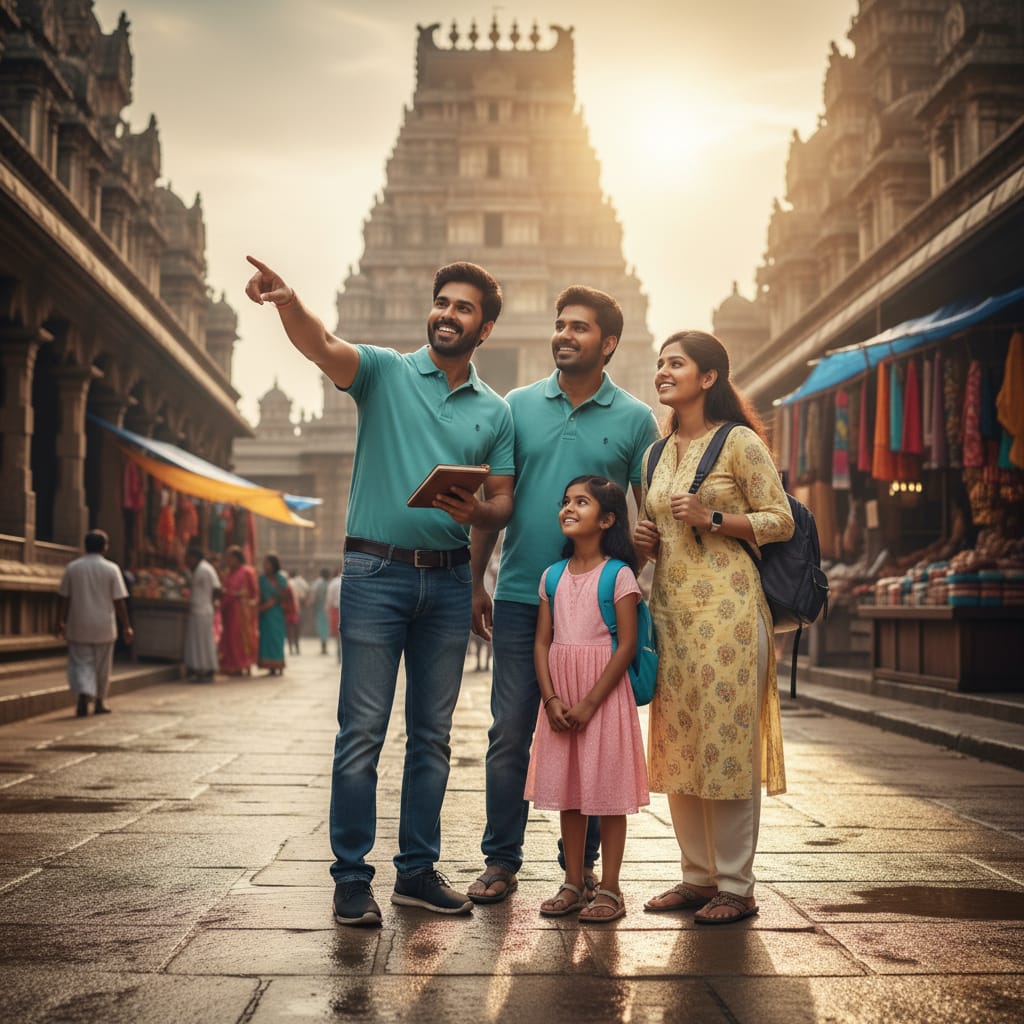 family smiling in front of a temple gopuram.